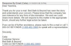 email response I received from Bed, Bath & Beyond when I inquired about the discrimination allegations made by a Muslim employee they fired